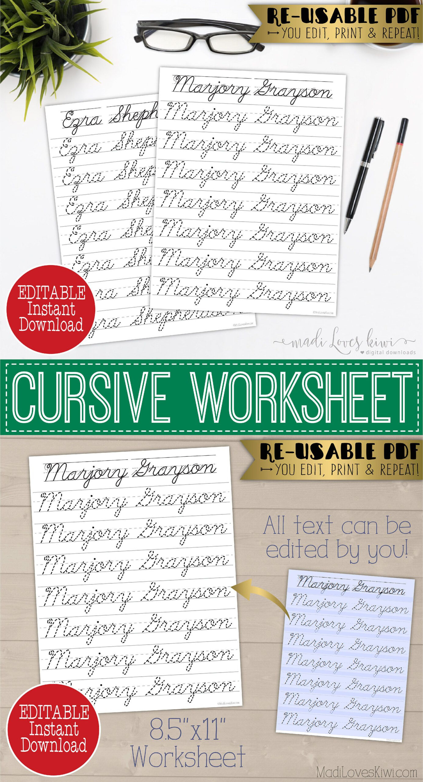 Cursive Name Writing Worksheet, Editable Script Handwriting in Name Tracing Cursive