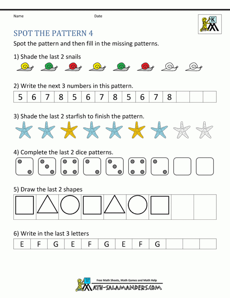 Free Kindergarten Worksheets Spot The Patterns Intended For Alphabet Pattern Worksheets