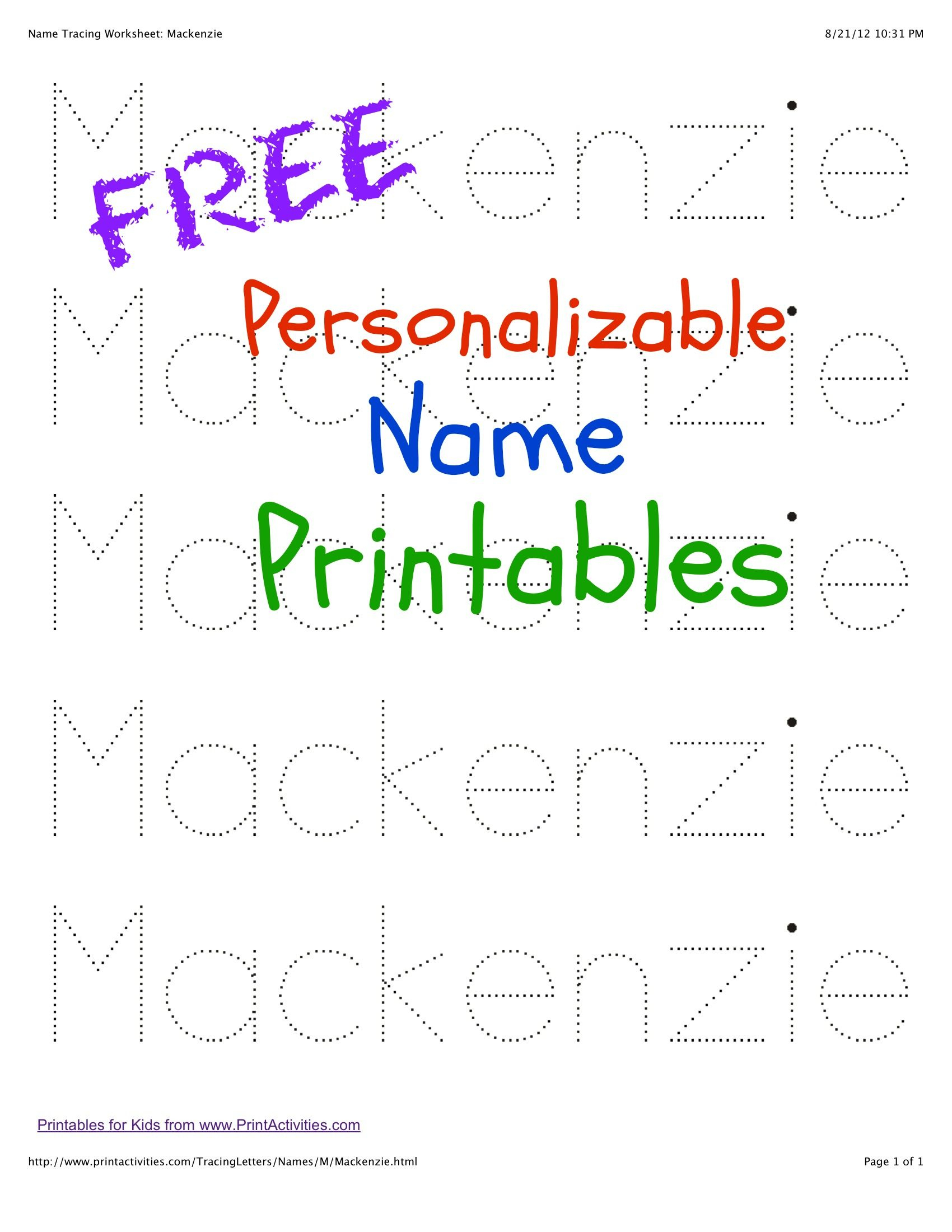 Free-Personalizable-Name-Printables 1,700×2,200 Pixels intended for Letter Tracing Name