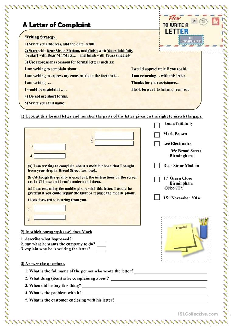 How To Write A Letter Of Complaint - English Esl Worksheets with Letter Writing Worksheets For Grade 5