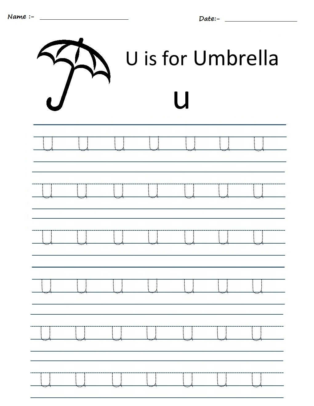 Kindergarten Worksheets: Alphabet Tracing Worksheets - U in Tracing Alphabet U