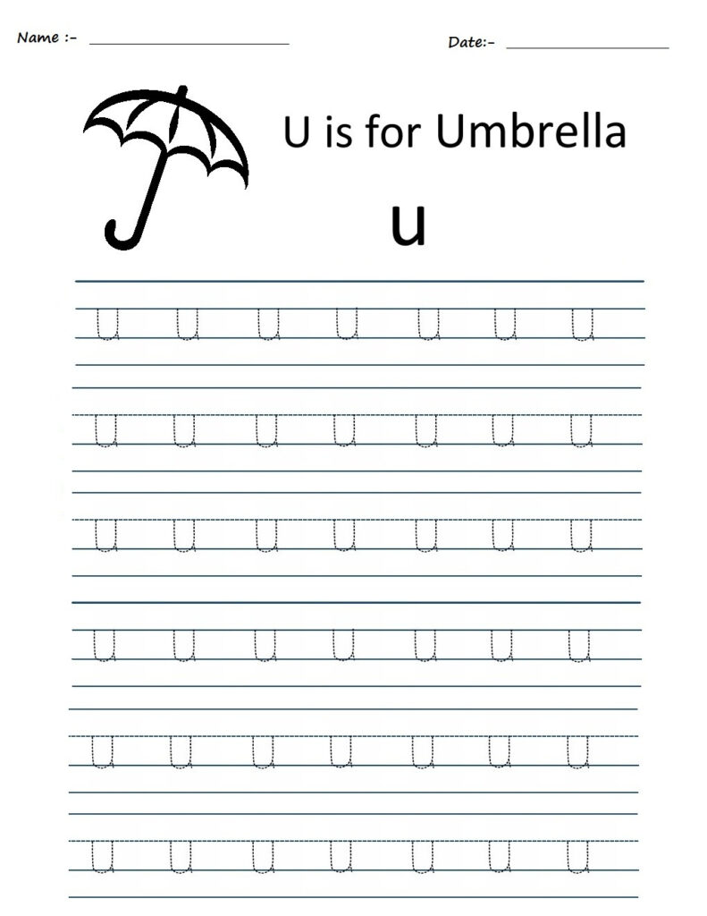 Kindergarten Worksheets: Alphabet Tracing Worksheets   U In U Letter Tracing