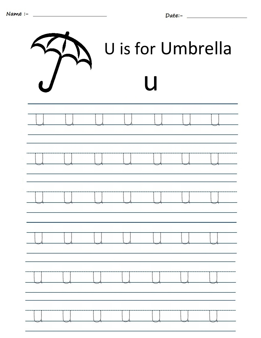 Kindergarten Worksheets: Alphabet Tracing Worksheets - U in U Letter Tracing