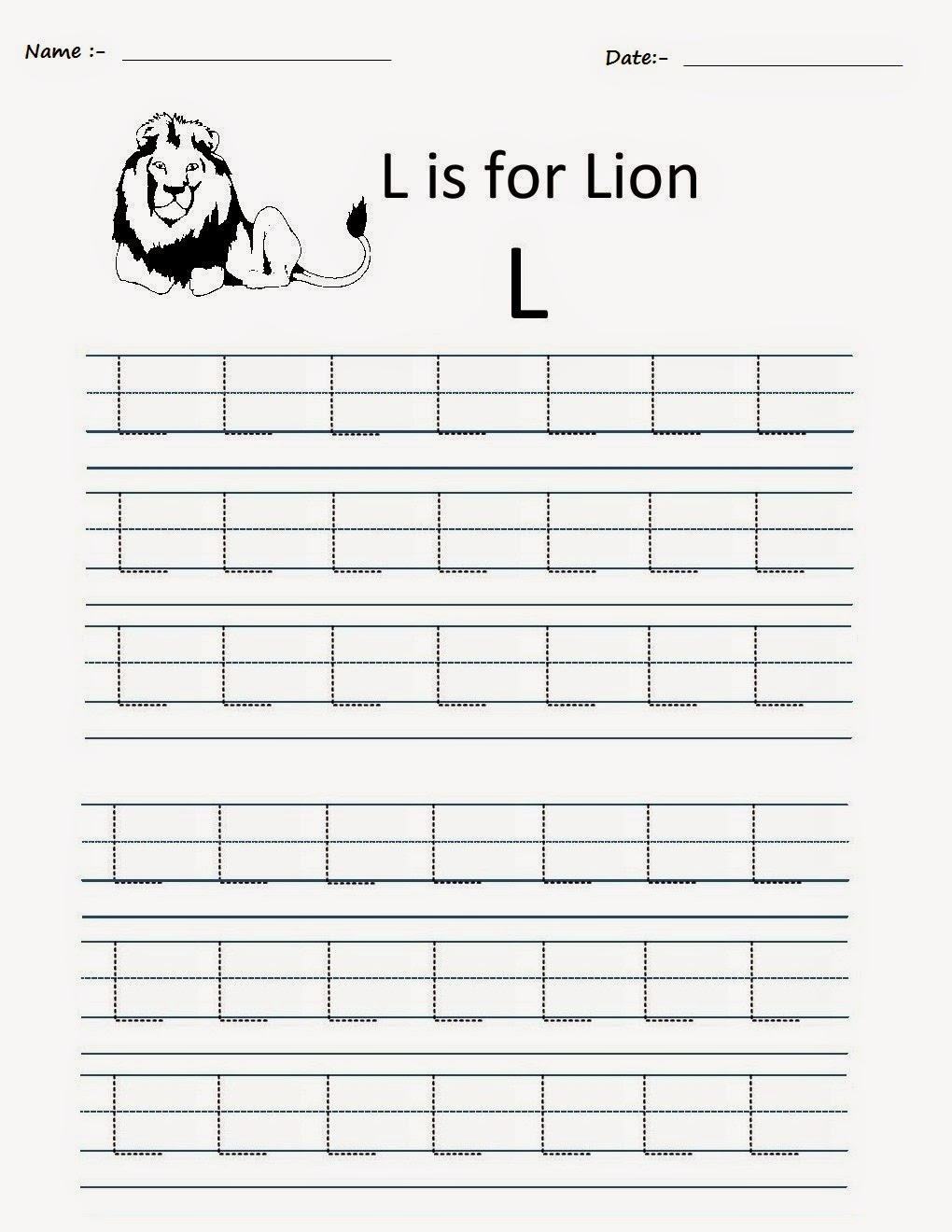 Kindergarten Worksheets: Printable Tracing Worksheets for Alphabet L Worksheets