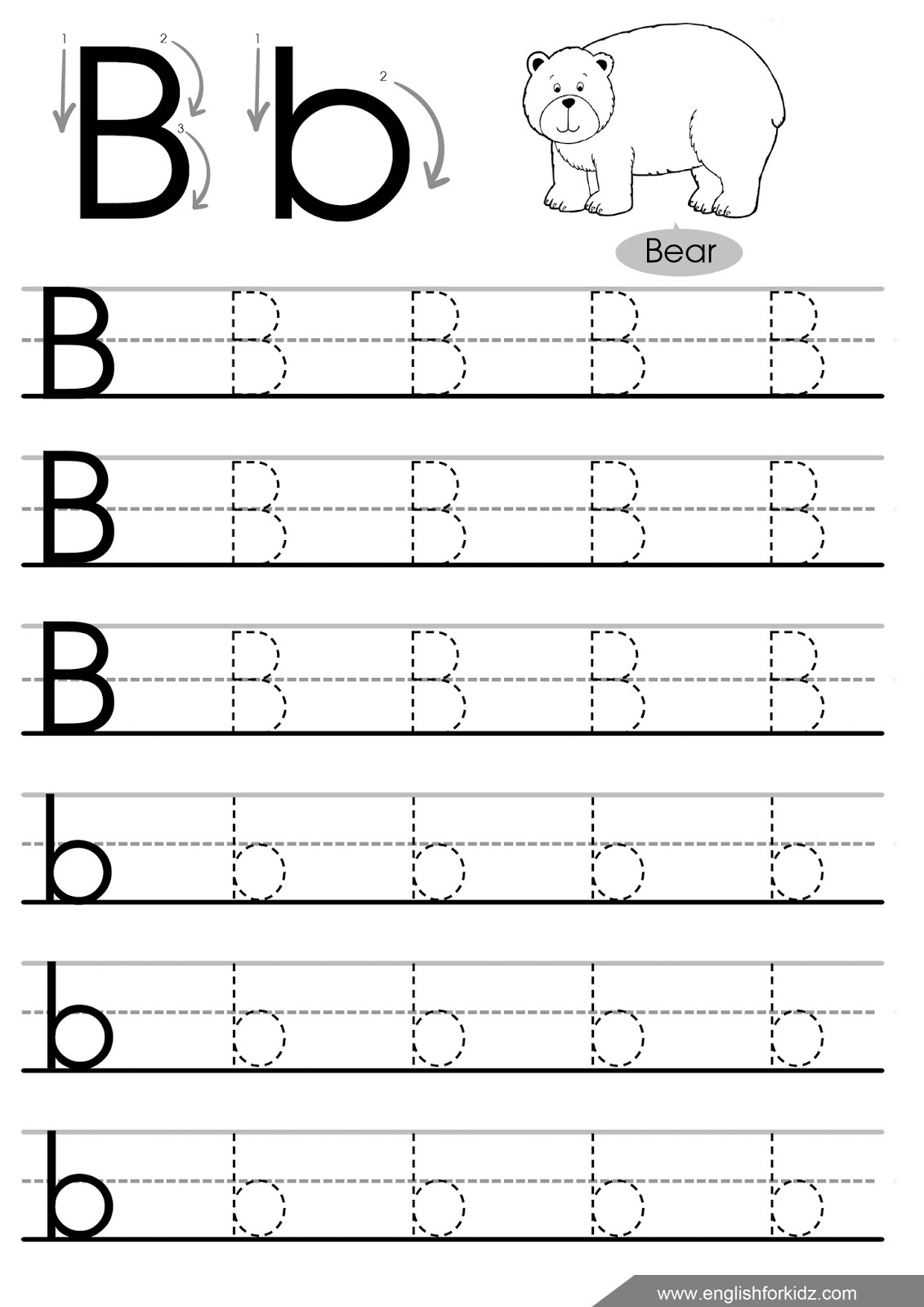 Letter B Worksheets, Flash Cards, Coloring Pages in Alphabet Tracing Coloring Worksheets