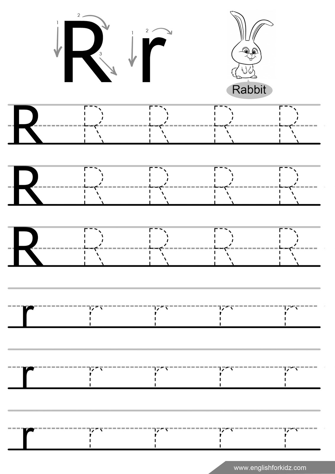 Letter Tracing Worksheets (Letters K - T) with Letter Tracing R