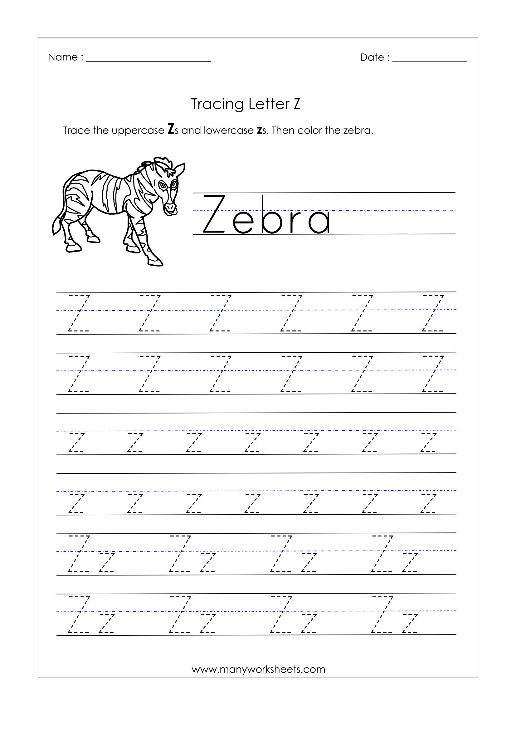 Letter Z Worksheets For Kindergarten – Trace Dotted Letters in Z Letter Tracing