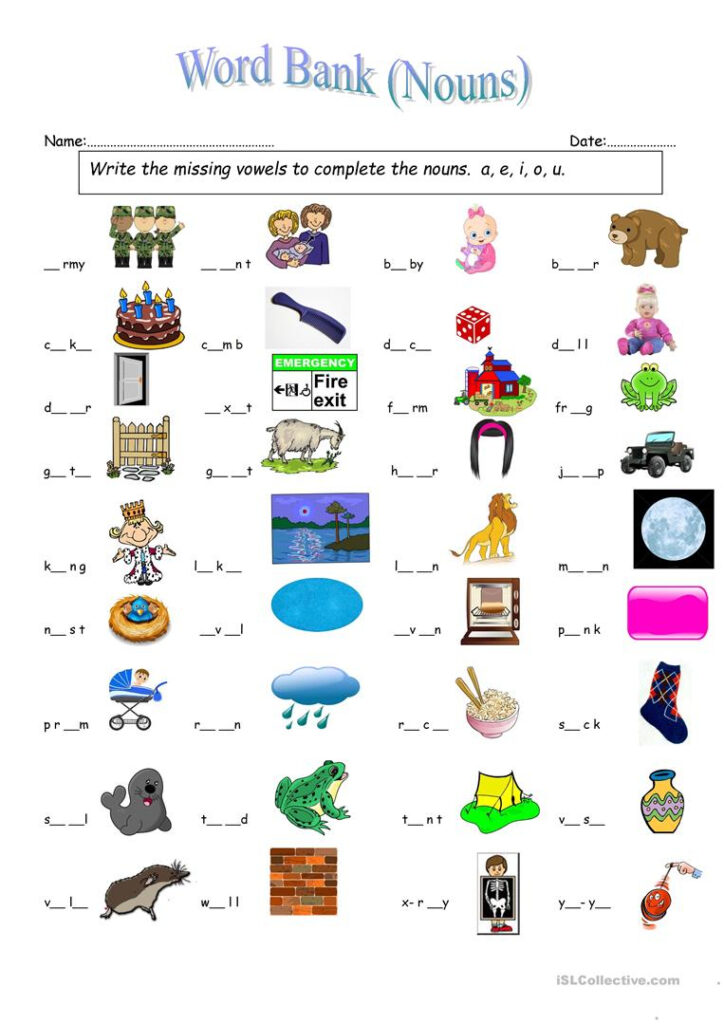 Missing Vowels, 4 Letter Nouns   English Esl Worksheets For Within Letter Vowels Worksheets