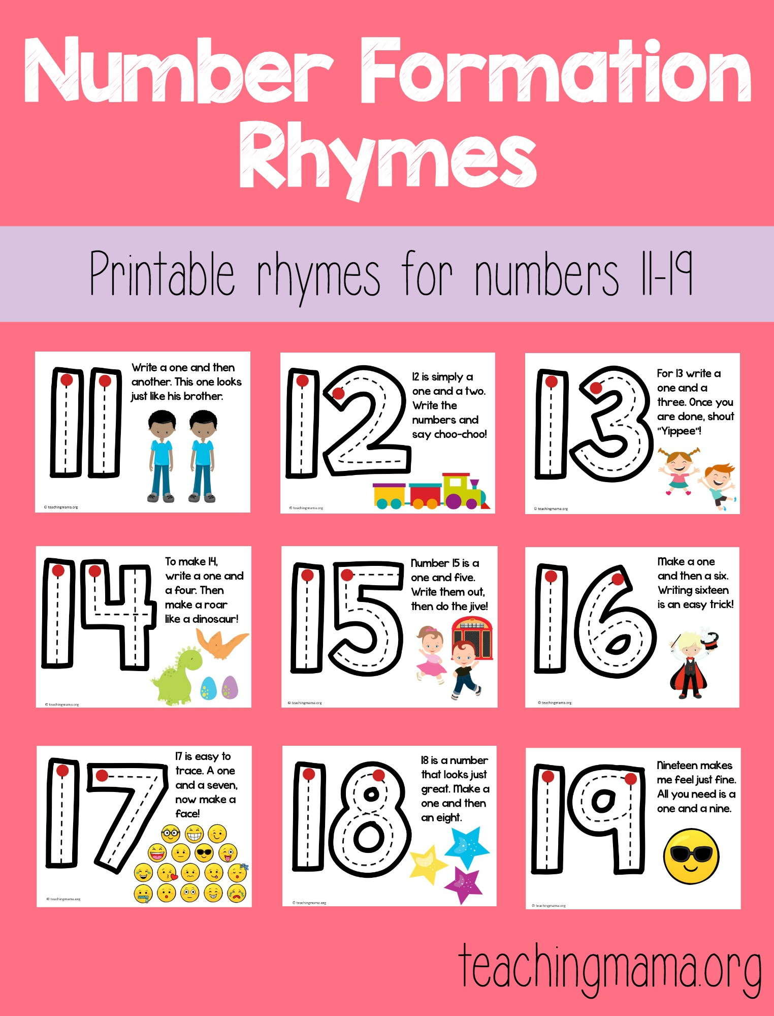 Number Formation Rhymes For 11-19 in Alphabet Tracing Rhymes