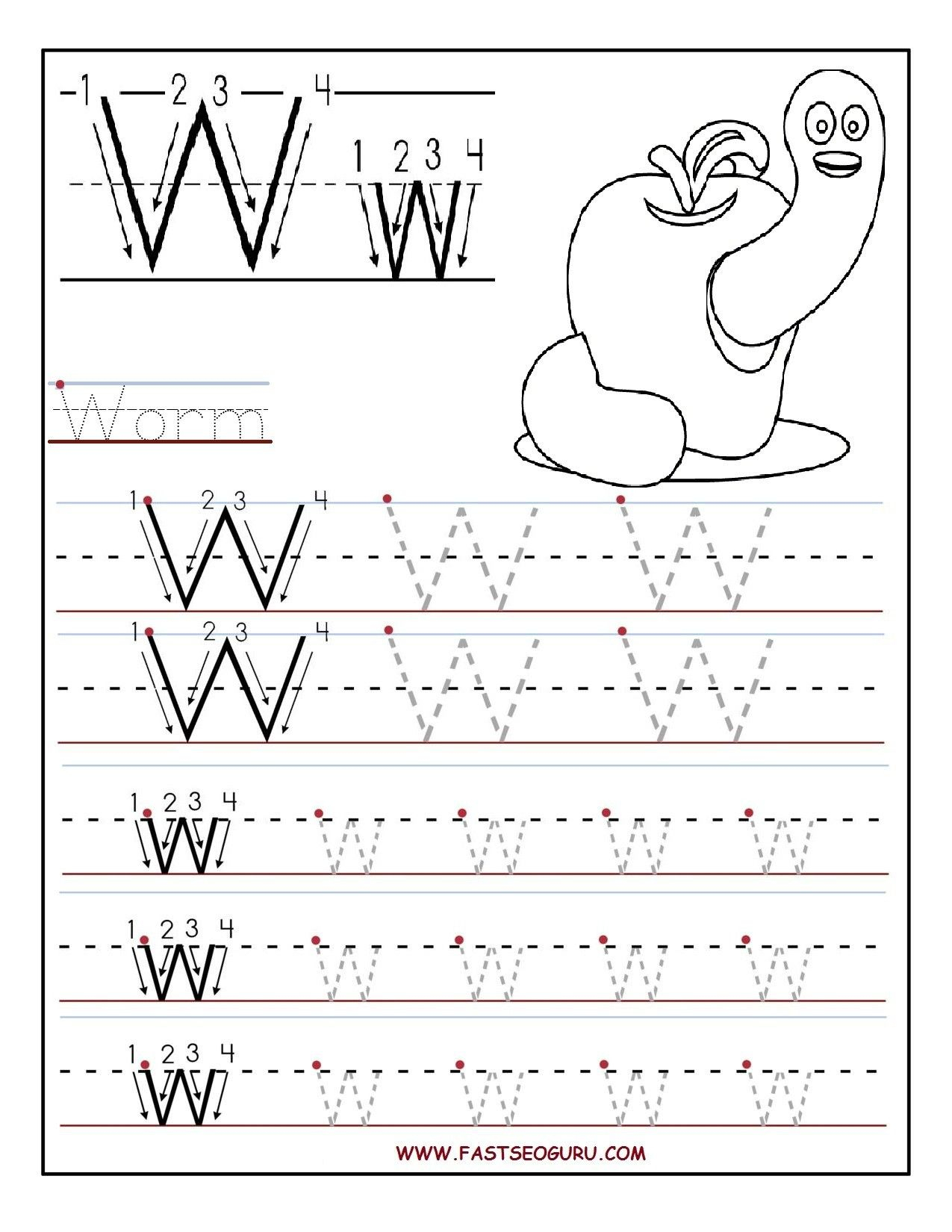 Letter W Tracing Sheet | AlphabetWorksheetsFree.com