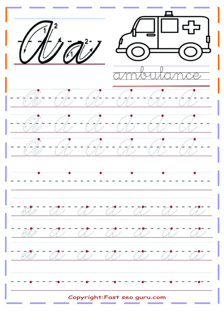 Printable Cursive Handwriting Practice Sheets Letter A Within Alphabet Tracing Victorian Cursive