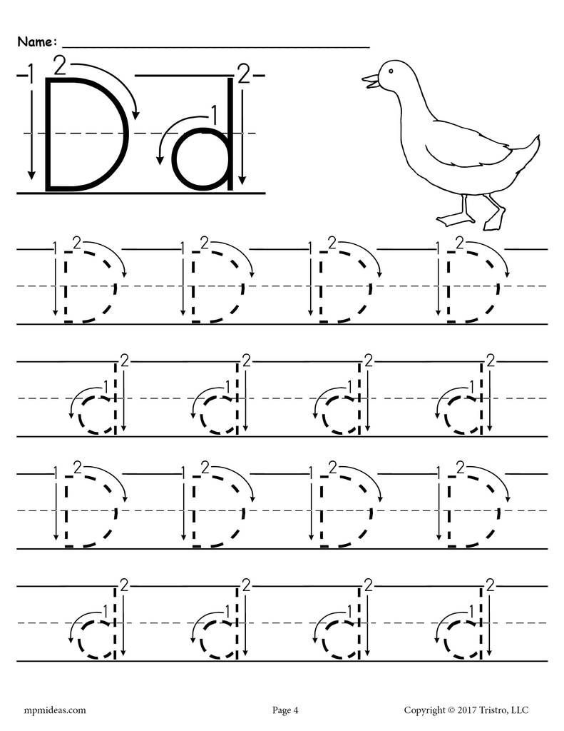 Printable Letter D Tracing Worksheet With Number And Arrow with regard to Alphabet D Tracing Sheet