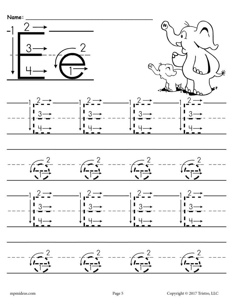 Printable Letter E Tracing Worksheet With Number And Arrow pertaining to Letter E Worksheets Free Printables
