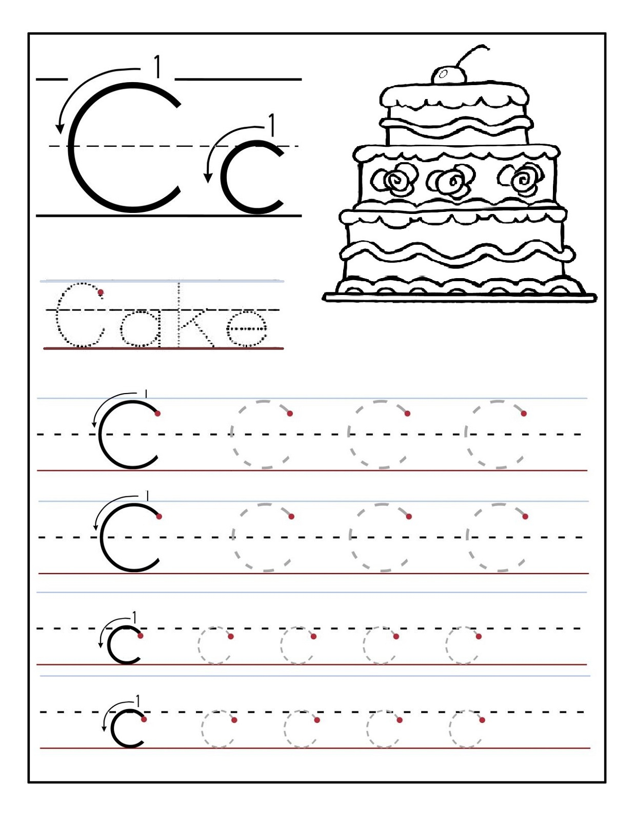 Trace Letter C Worksheets | Activity Shelter in Letter C Tracing Page