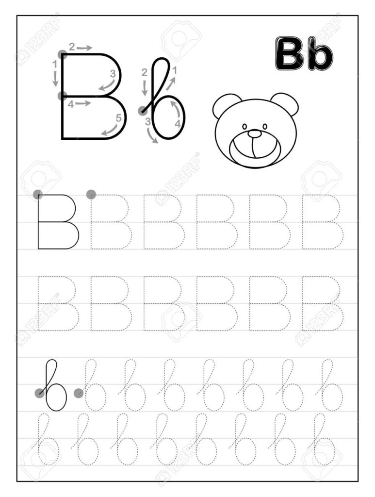 Tracing Alphabet Letter B. Black And White Educational Pages.. Intended For Alphabet B Tracing