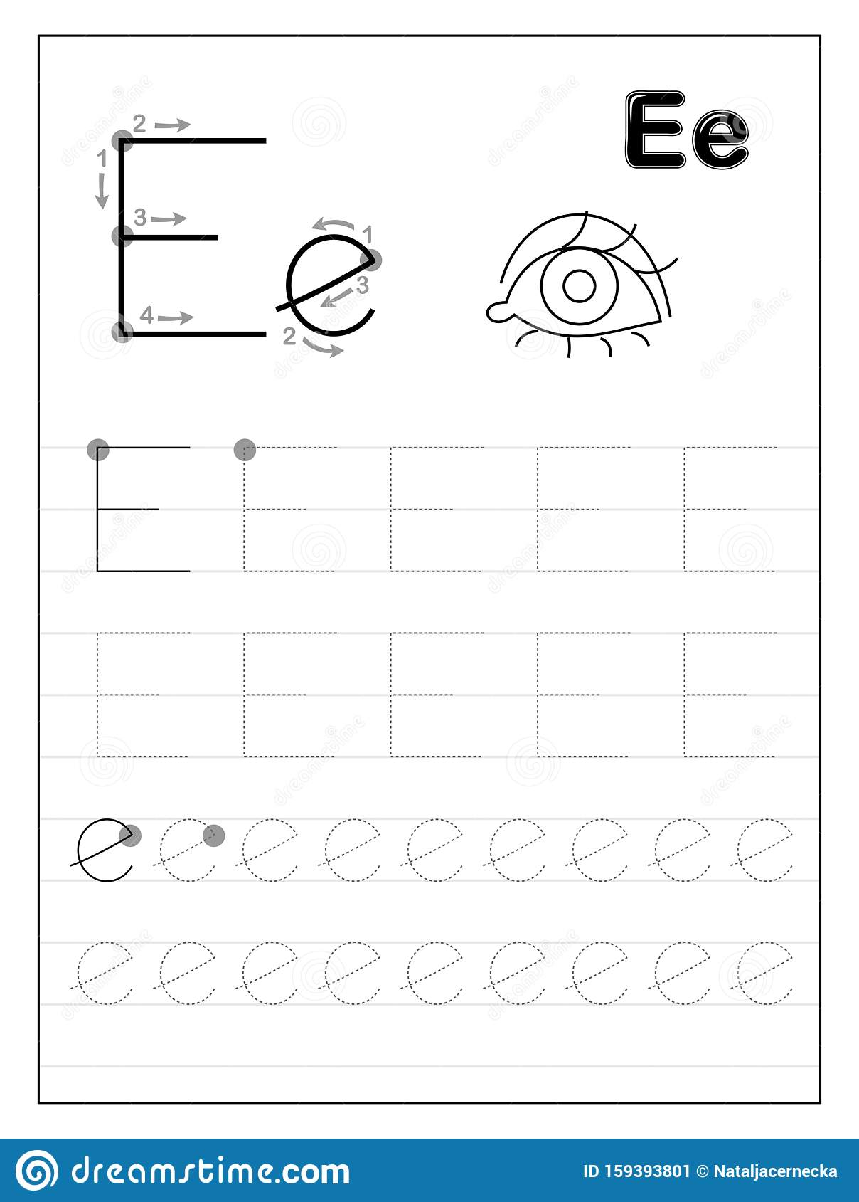 Tracing Alphabet Letter E. Black And White Educational Pages for Letter Tracing E