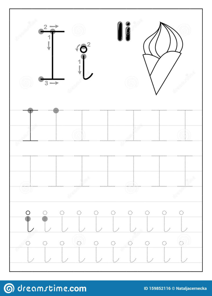 Tracing Alphabet Letter I. Black And White Educational Pages With Letter Tracing I