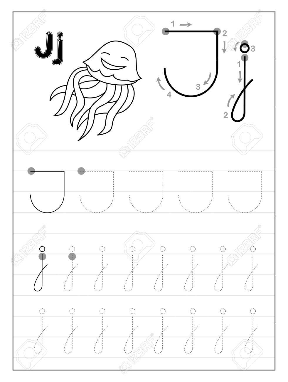 Tracing Alphabet Letter J. Black And White Educational Pages.. pertaining to J Letter Tracing