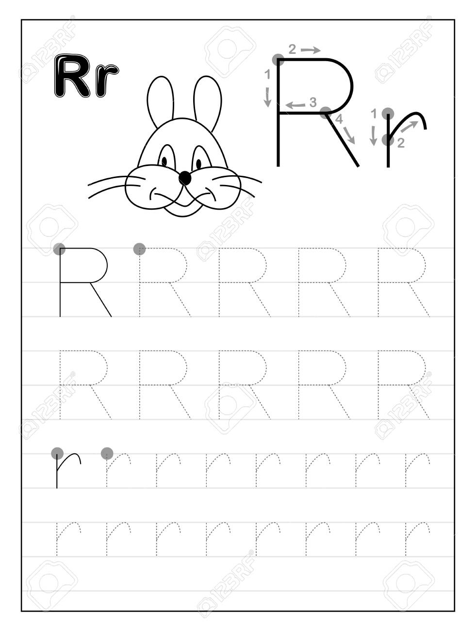 Tracing Alphabet Letter R. Black And White Educational Pages.. for Letter Tracing R
