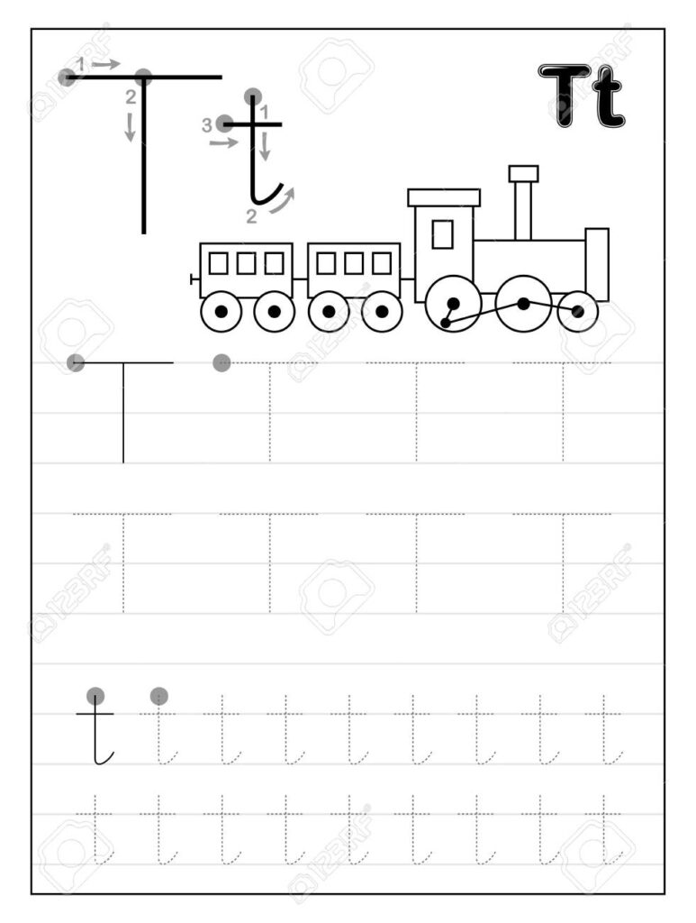 Tracing Alphabet Letter T. Black And White Educational Pages.. Inside T Letter Tracing