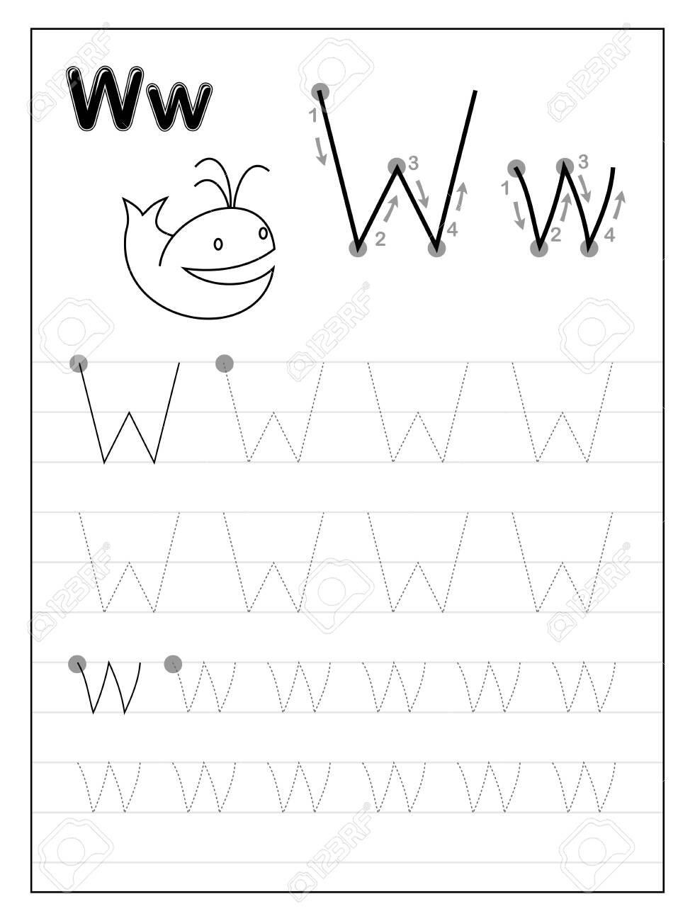 Tracing Alphabet Letter W. Black And White Educational Pages.. within Letter W Tracing Printable