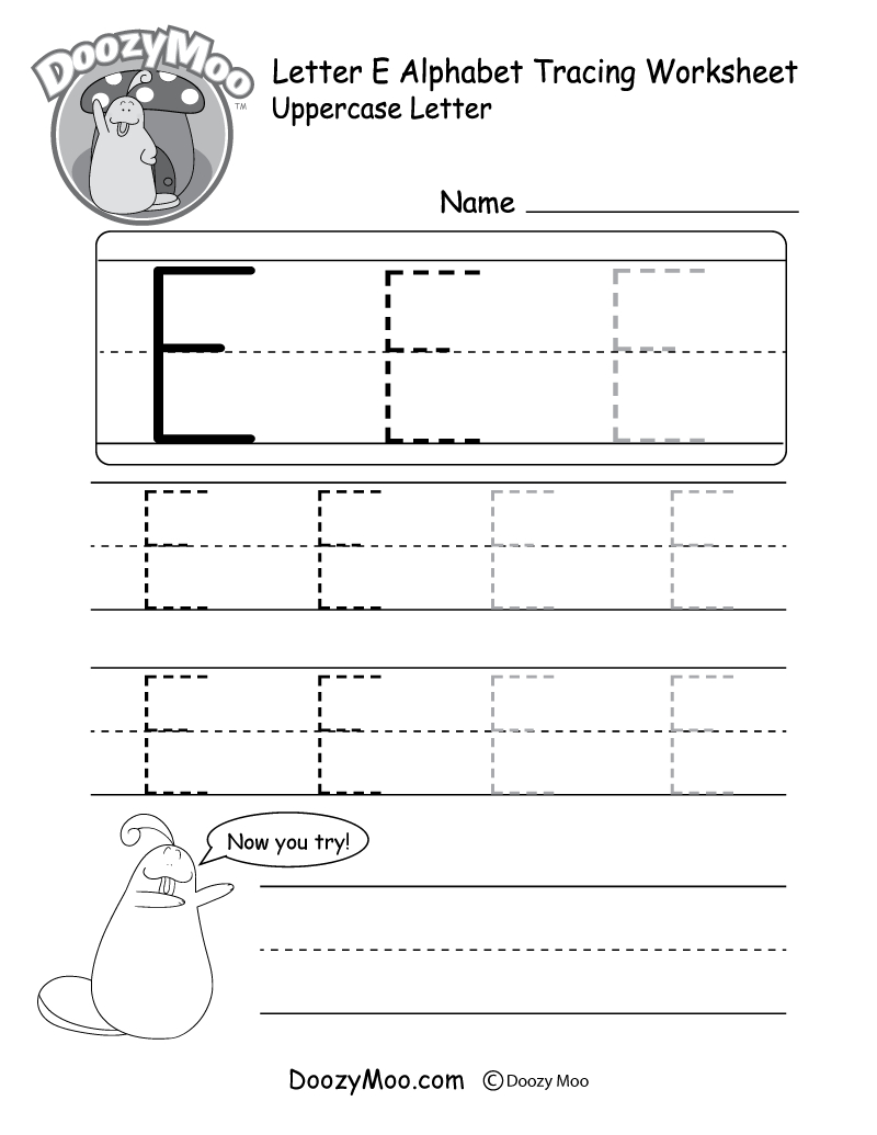 Uppercase Letter E Tracing Worksheet - Doozy Moo for Letter E Worksheets Pdf