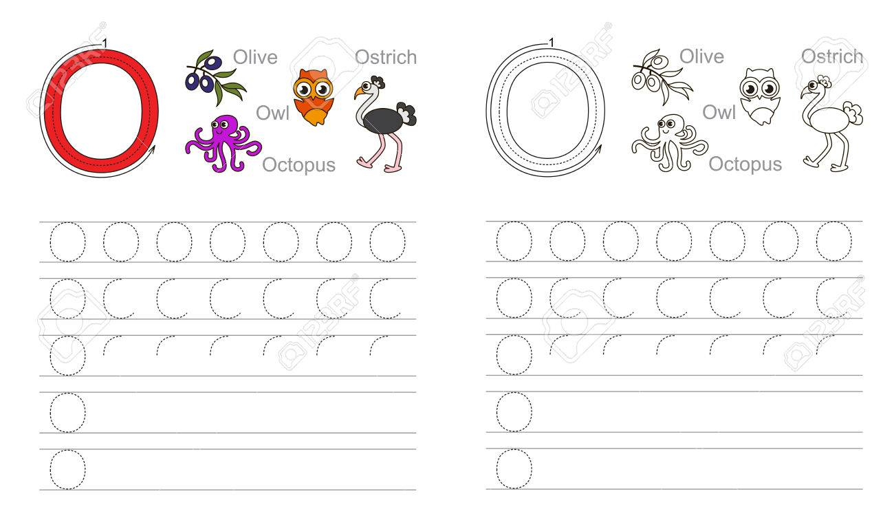 Vector Exercise Illustrated Alphabet. Learn Handwriting. Page.. for Letter O Tracing Page