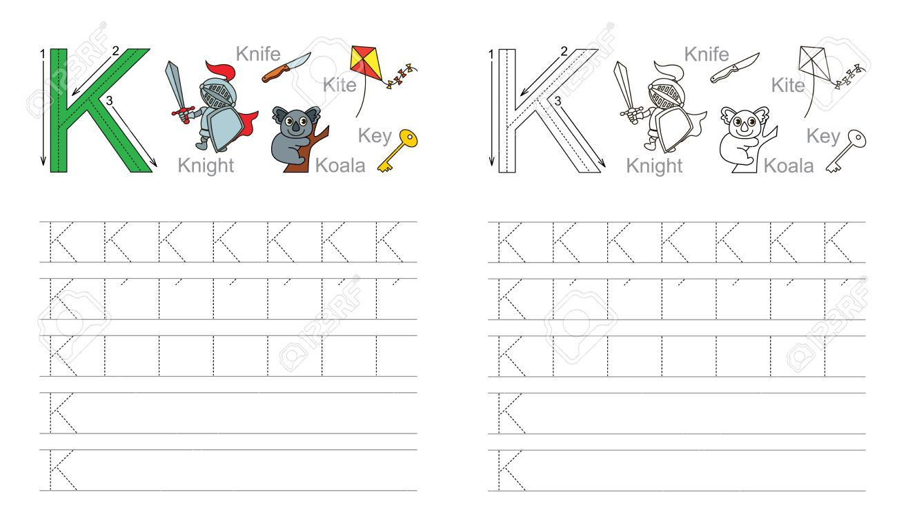 Vector Exercise Illustrated Alphabet. Learn Handwriting. Page.. with Letter Tracing K