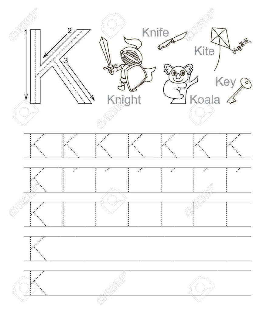 Vector Exercise Illustrated Alphabet. Learn Handwriting. Tracing.. For Alphabet K Tracing