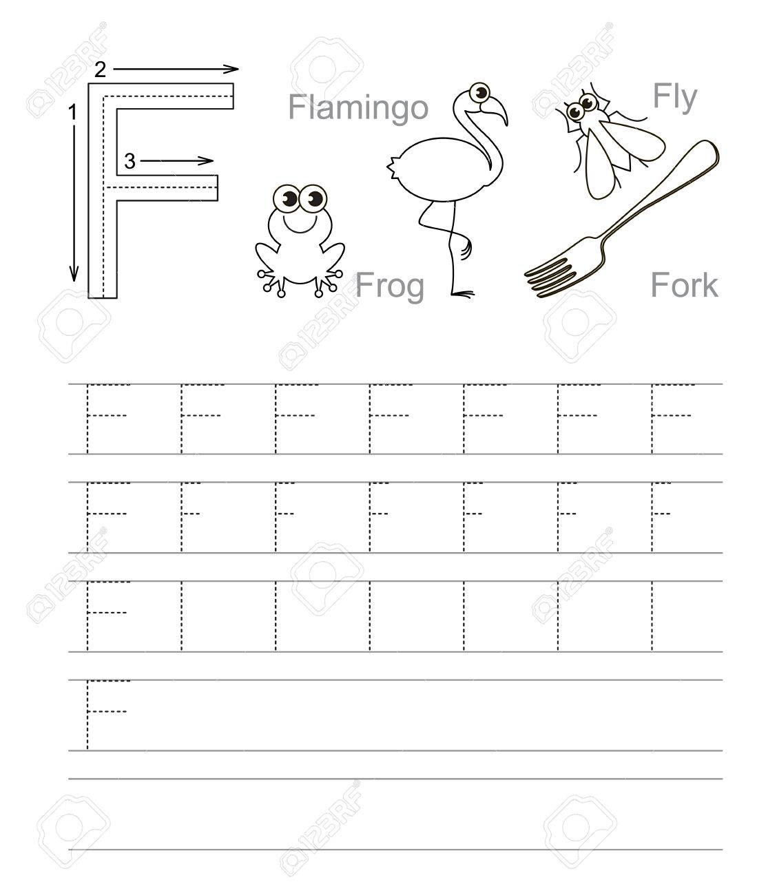 Vector Exercise Illustrated Alphabet. Learn Handwriting. Tracing.. for Letter F Tracing Worksheets