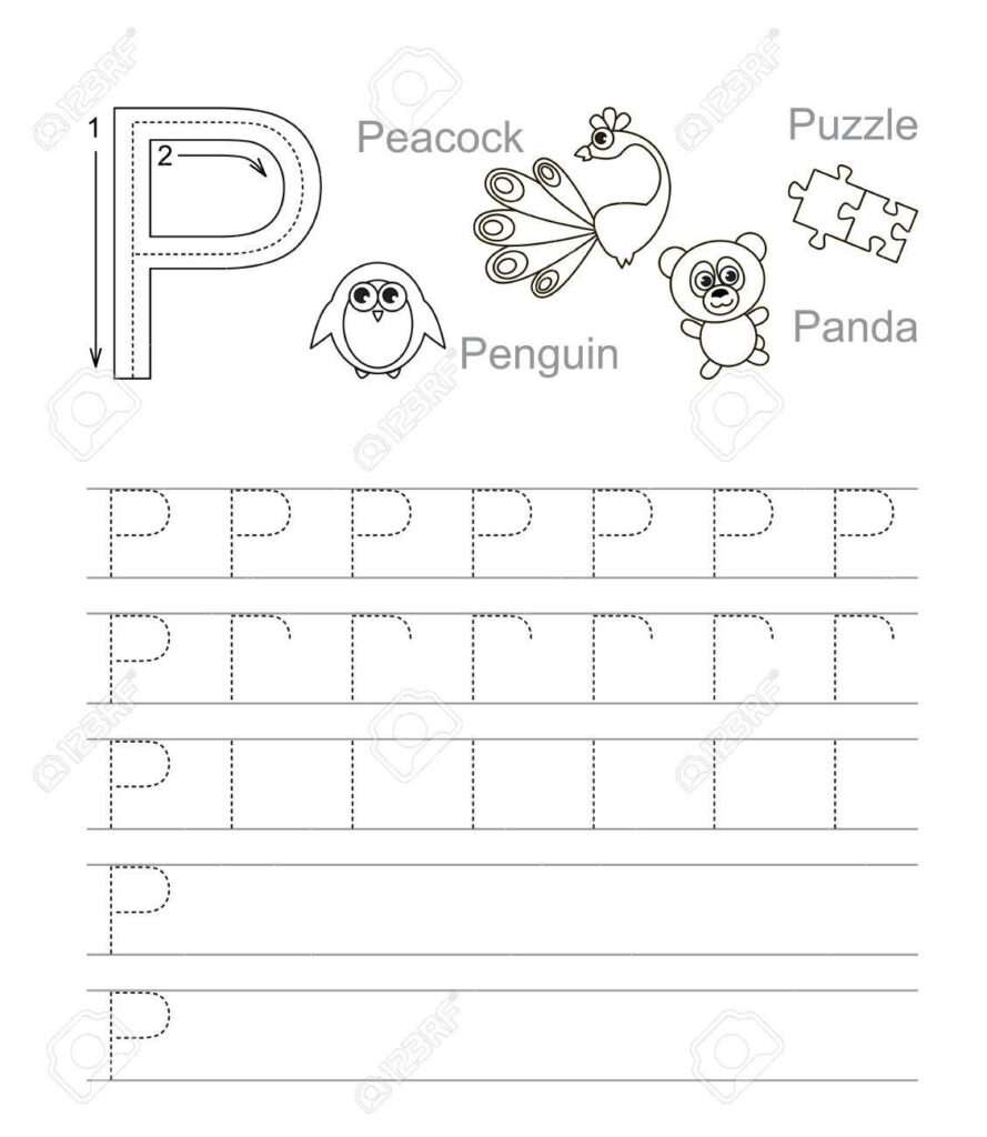 Vector Exercise Illustrated Alphabet. Learn Handwriting. Tracing.. For Letter P Tracing Page
