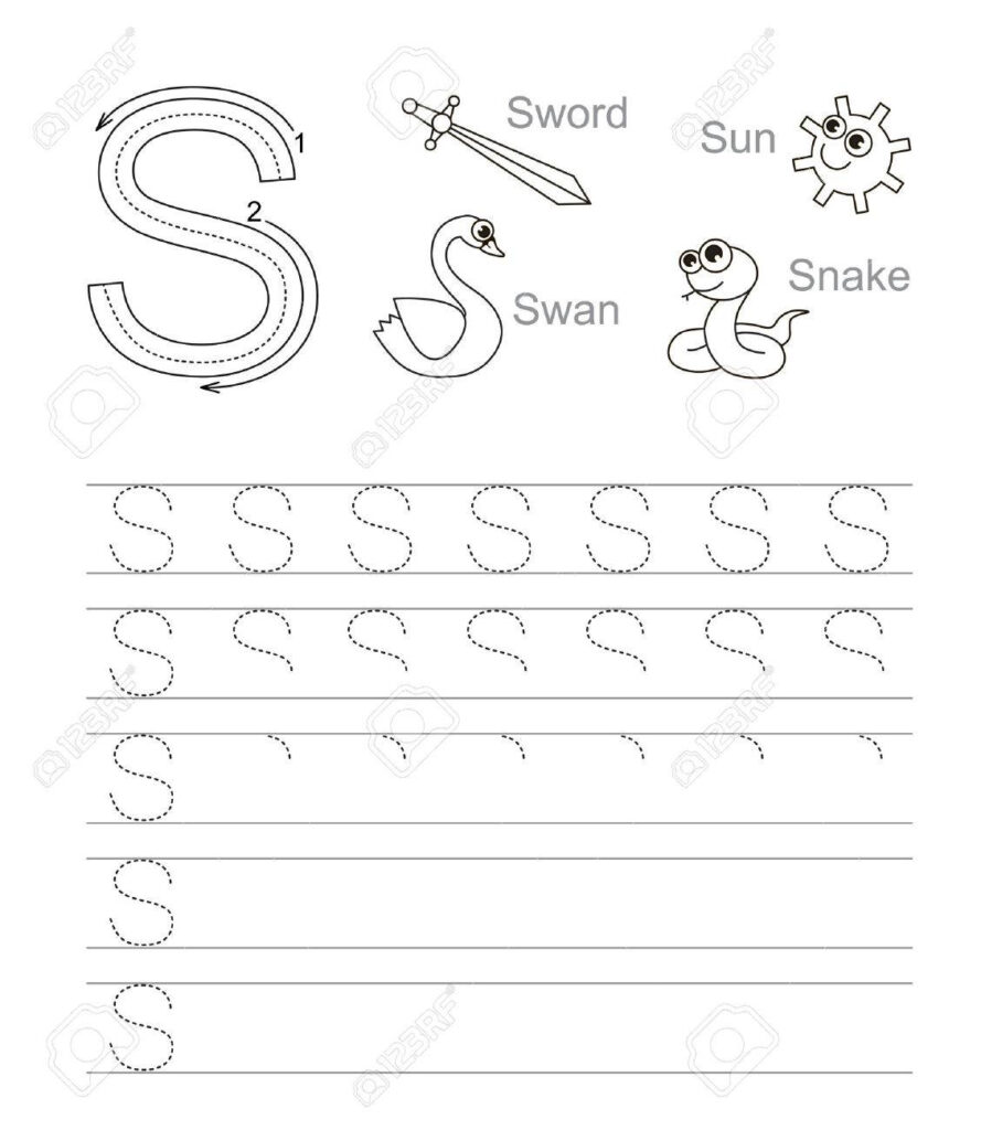 Vector Exercise Illustrated Alphabet. Learn Handwriting. Tracing.. For Letter S Tracing Page