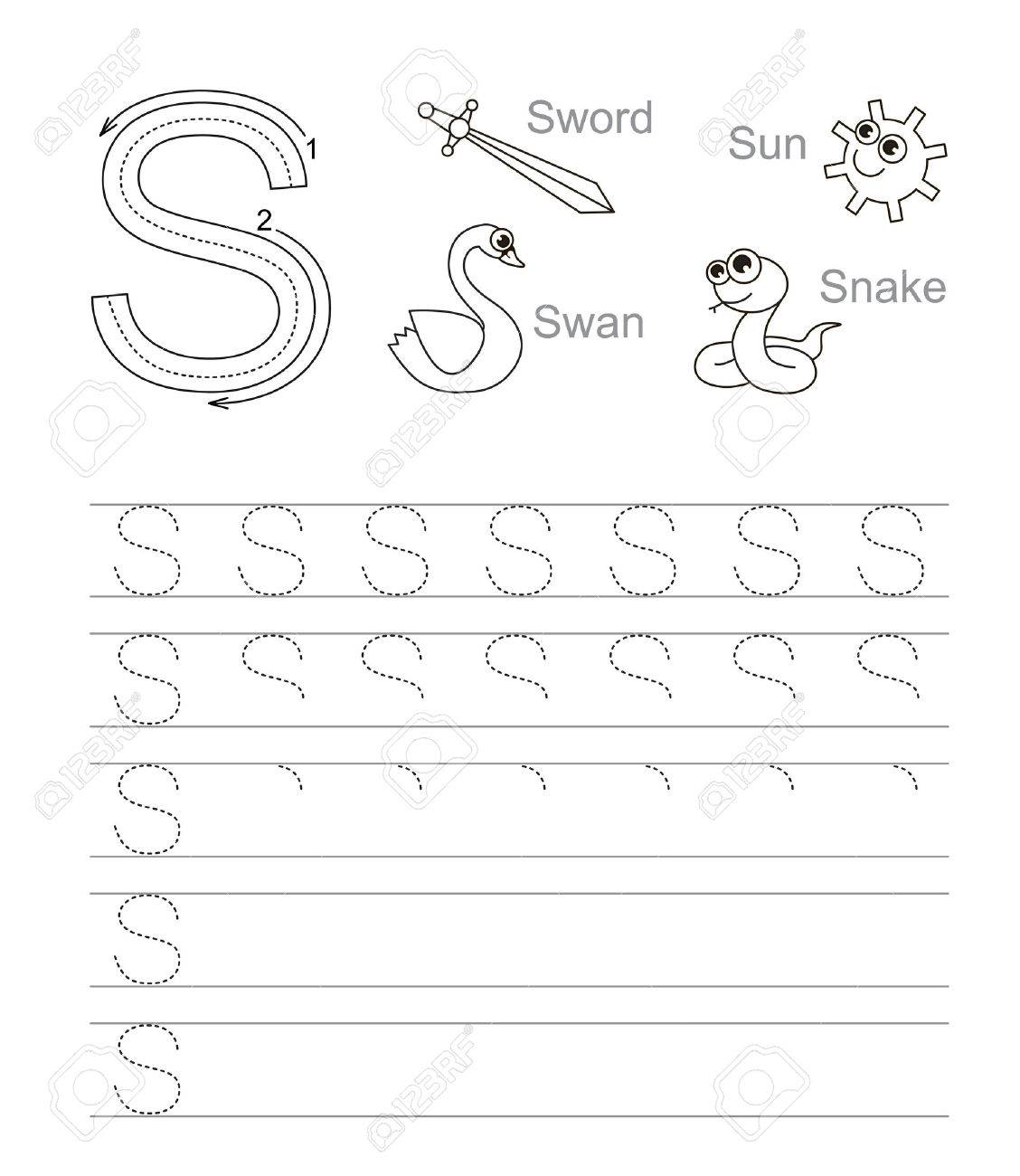 Vector Exercise Illustrated Alphabet. Learn Handwriting. Tracing.. for Letter S Tracing Page