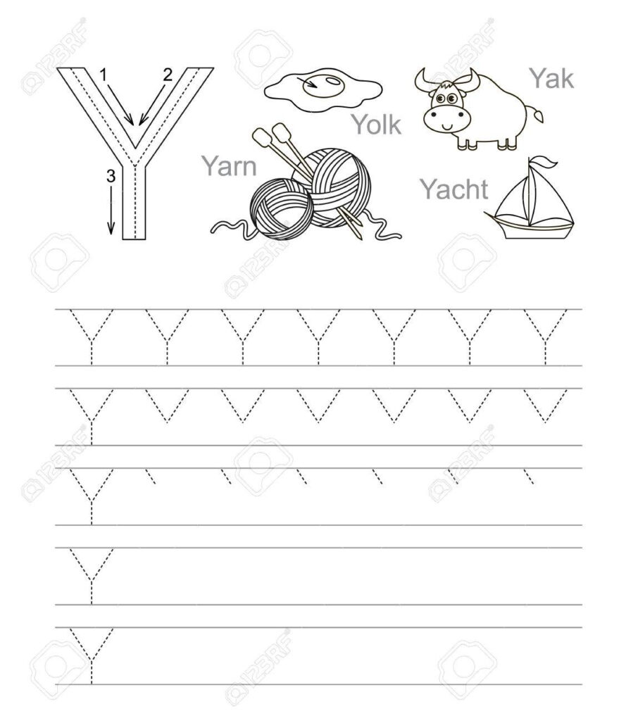 Vector Exercise Illustrated Alphabet. Learn Handwriting. Tracing.. For Letter Tracing Y