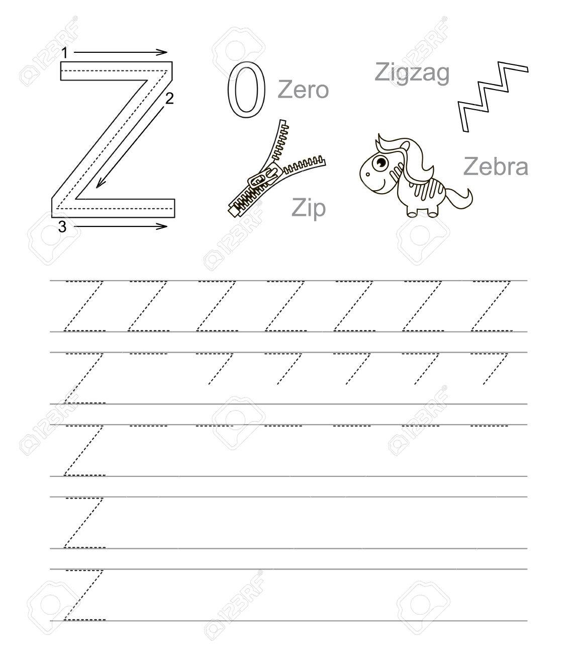 Vector Exercise Illustrated Alphabet. Learn Handwriting. Tracing.. for Letter Z Tracing Page