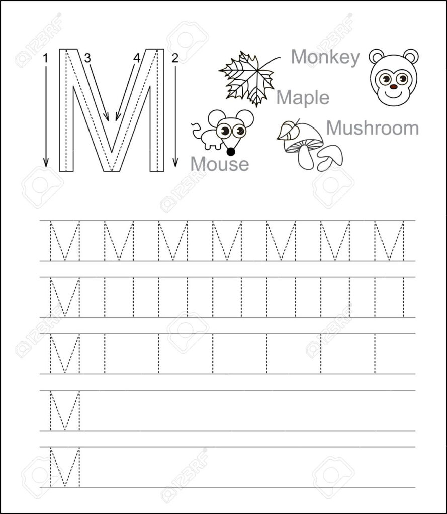 Vector Exercise Illustrated Alphabet. Learn Handwriting. Tracing.. Inside Letter M Tracing Page