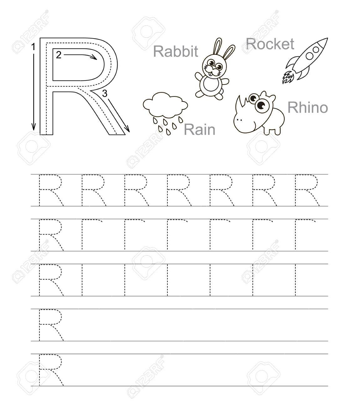 Vector Exercise Illustrated Alphabet. Learn Handwriting. Tracing.. pertaining to Alphabet R Tracing