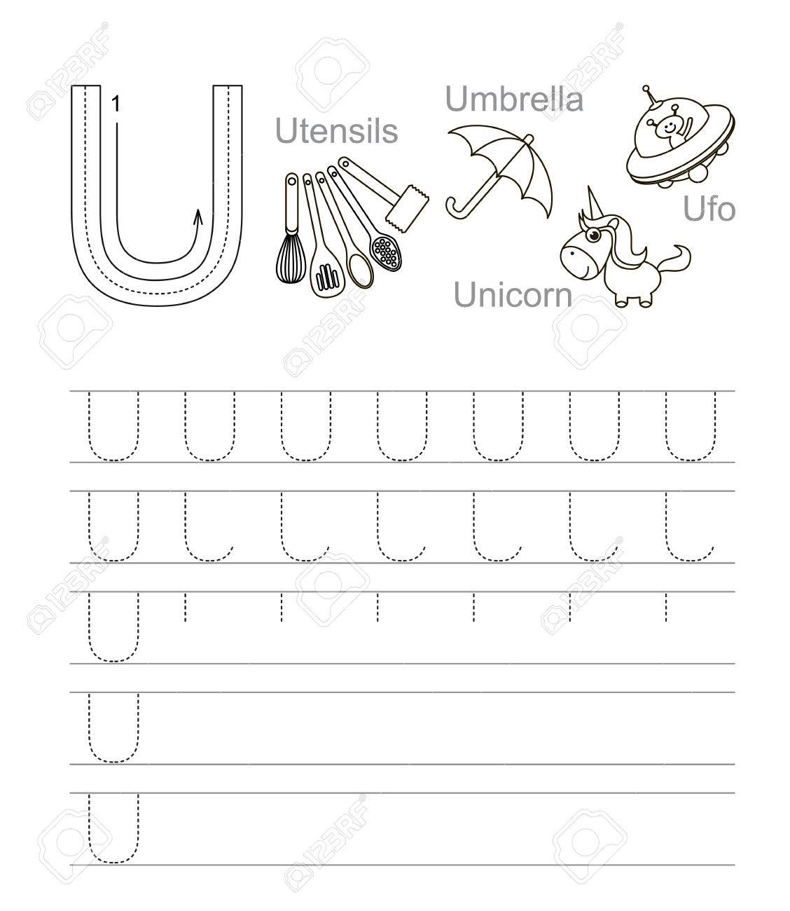 Vector Exercise Illustrated Alphabet. Learn Handwriting. Tracing.. regarding Tracing Alphabet U