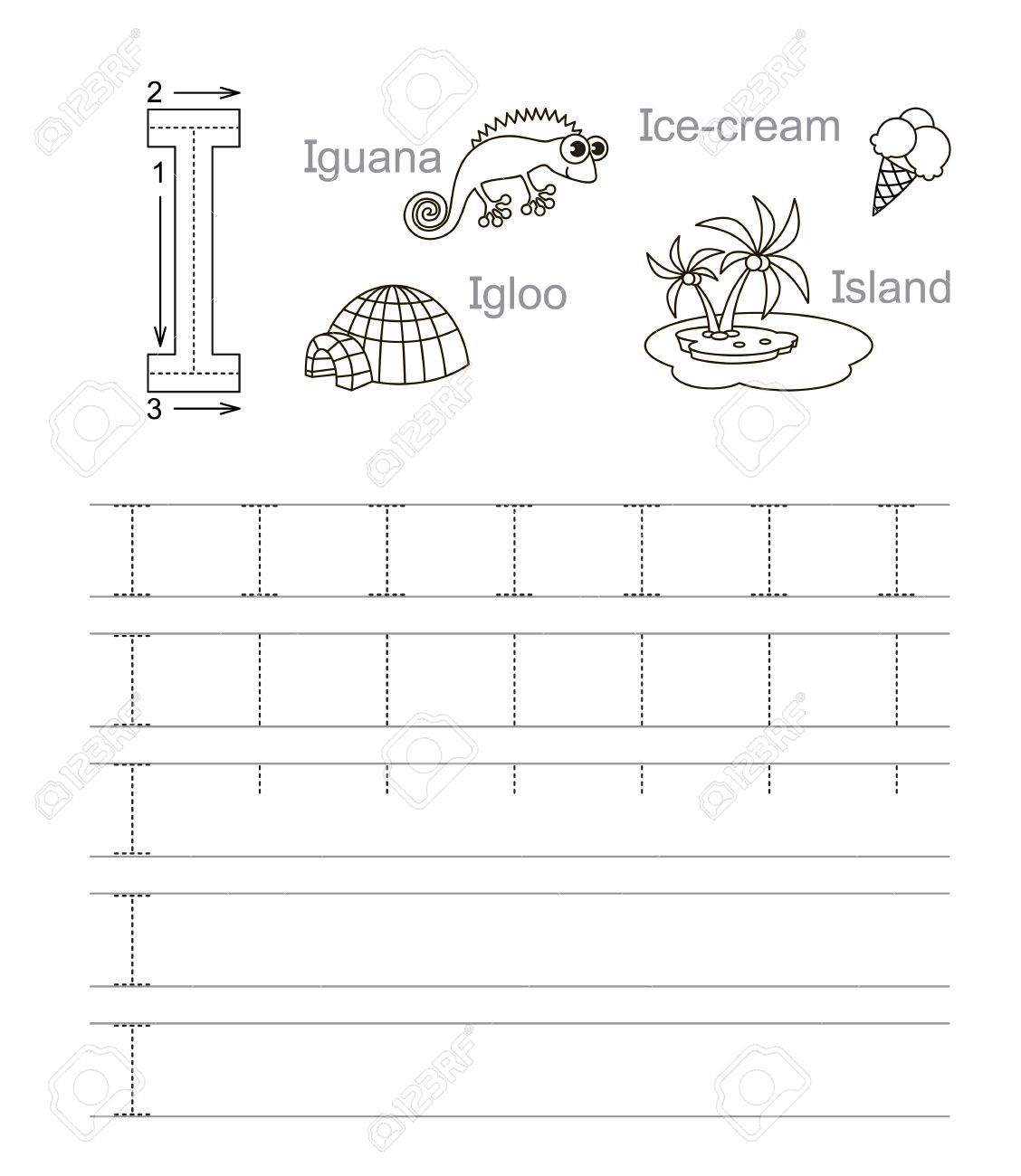 Vector Exercise Illustrated Alphabet. Learn Handwriting. Tracing.. within I Letter Tracing Worksheet