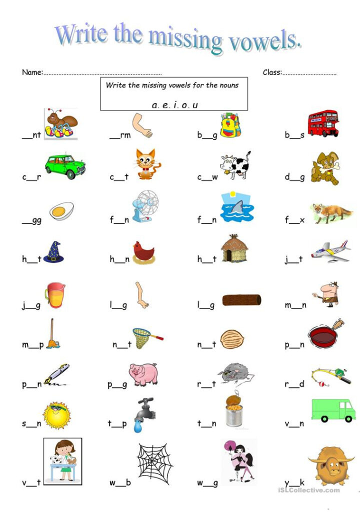 Write The Missing Vowels For The Nouns   English Esl Within Letter Vowels Worksheets