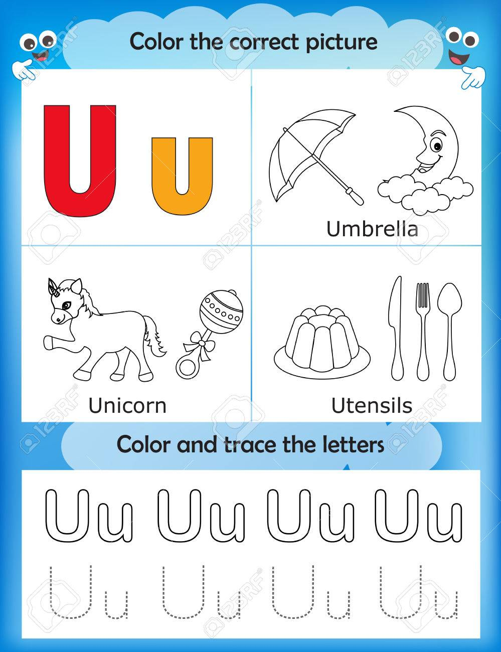 Alphabet Learning Letters &amp;amp; Coloring Graphics Printable Worksheet.. pertaining to Letter U Worksheets For Kindergarten