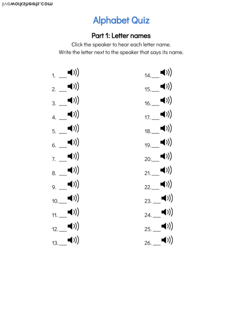 Alphabet Names And Sounds Quiz   Interactive Worksheet Within Alphabet Exam Worksheets