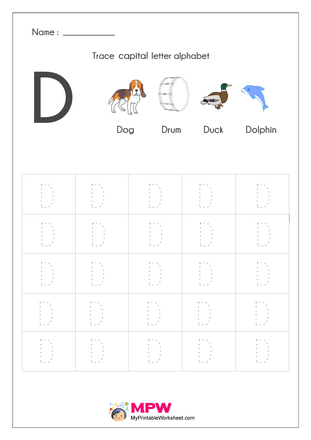 Alphabet Tracing Worksheets, Printable English Capital in D Letter Tracing