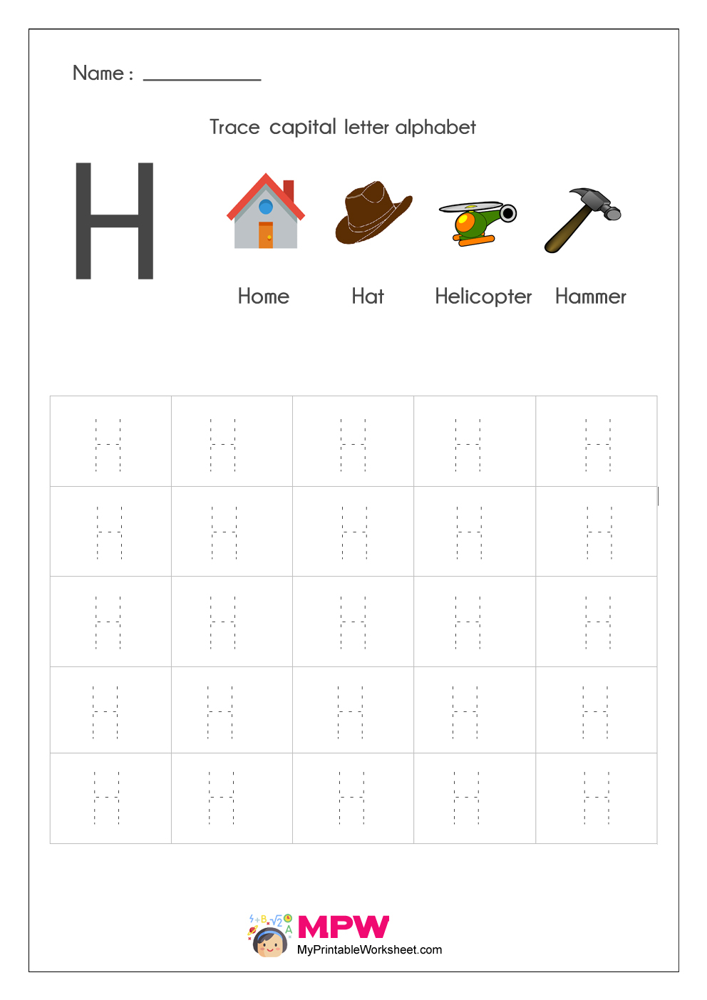 Alphabet Tracing Worksheets, Printable English Capital with Alphabet Tracing Letter H
