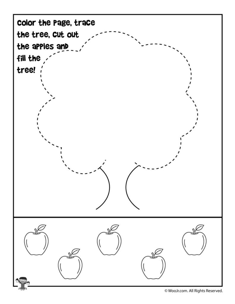 Apple Tree Tracing And Cutting Worksheet | Woo! Jr. Kids