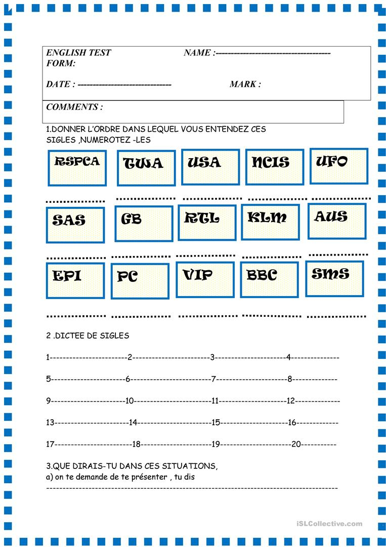 Basic Test With French Instructions , Greetings , Alphabet for Alphabet Worksheets In French
