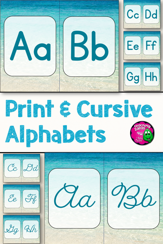 Beach & Ocean Print & Cursive Alphabets Classroom Decor Blue