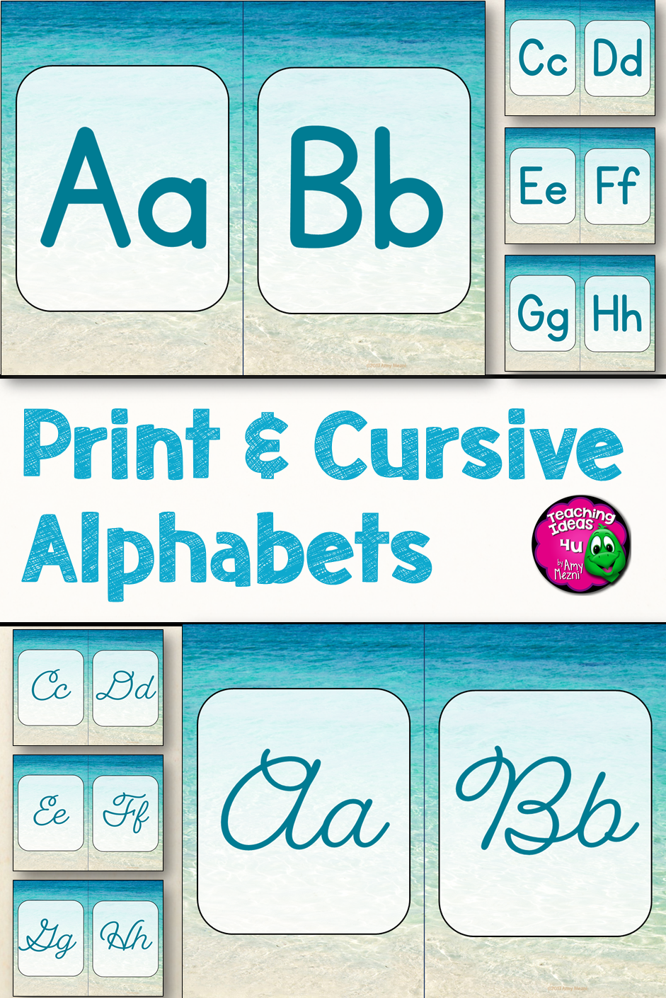 Beach &amp;amp; Ocean Print &amp;amp; Cursive Alphabets Classroom Decor Blue