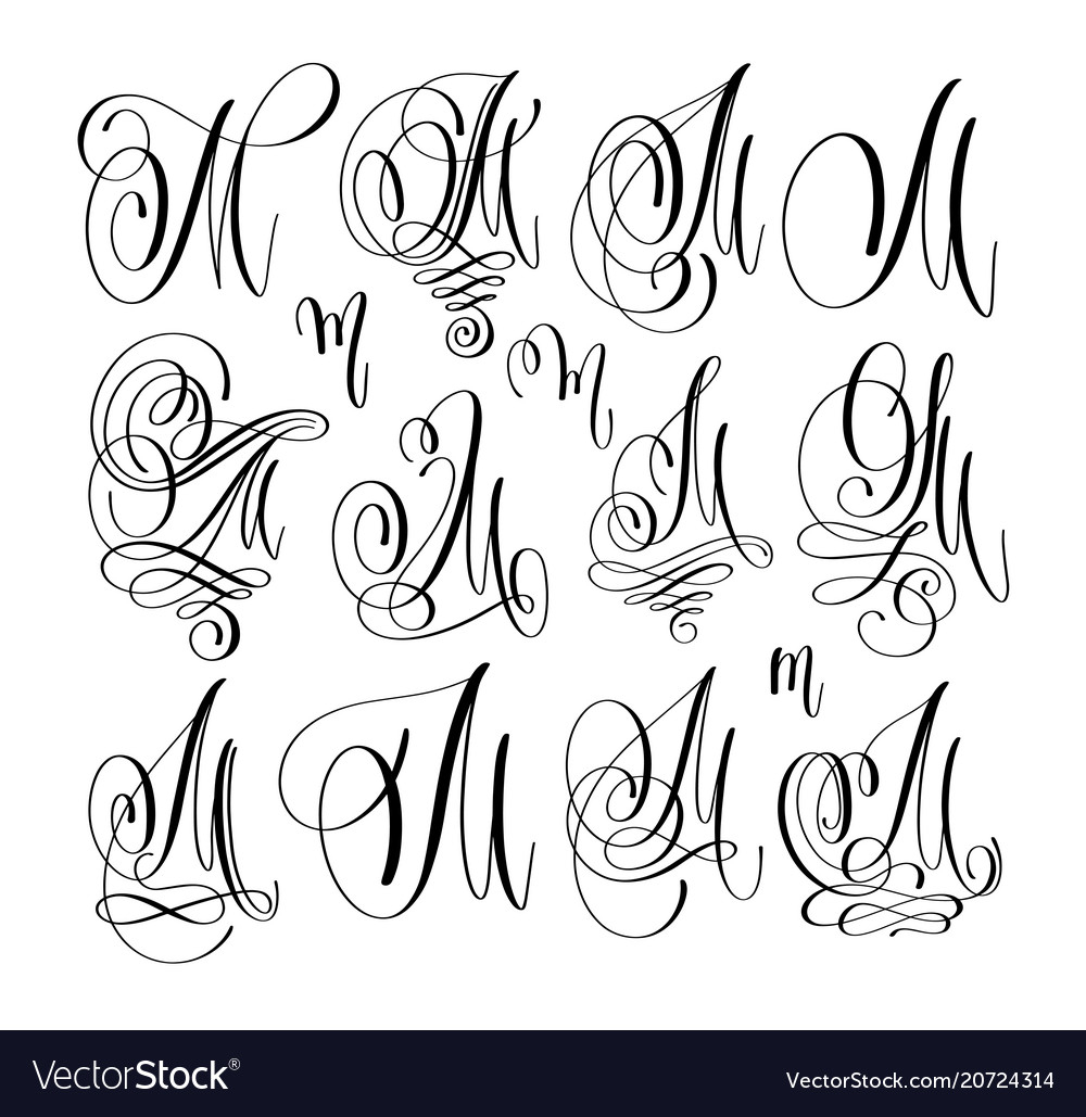 Calligraphy Lettering Script Font M Set Hand Vector Image