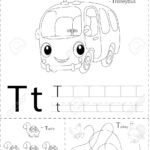 Cartoon Trolleybus, Turtle And Turkey. Alphabet Tracing Worksheet:..